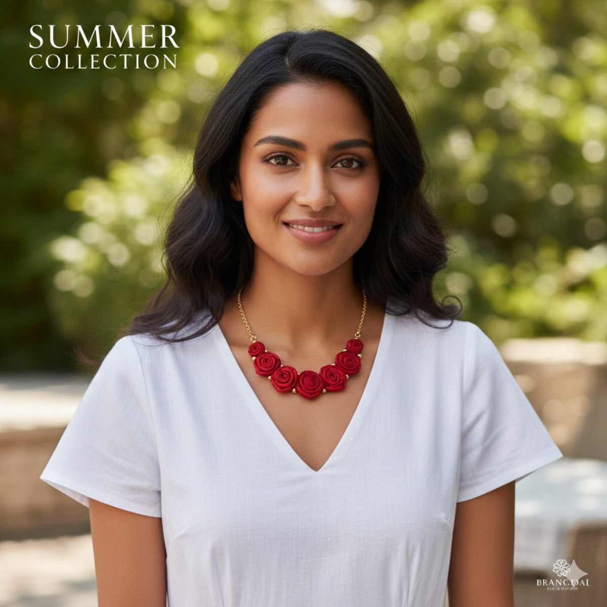 Red Rose Floral Necklace with Golden Pearls