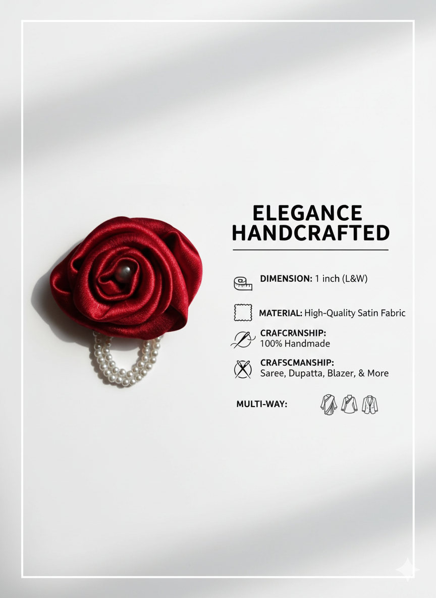 Handmade Satin Rose Brooch with Pearl - Red