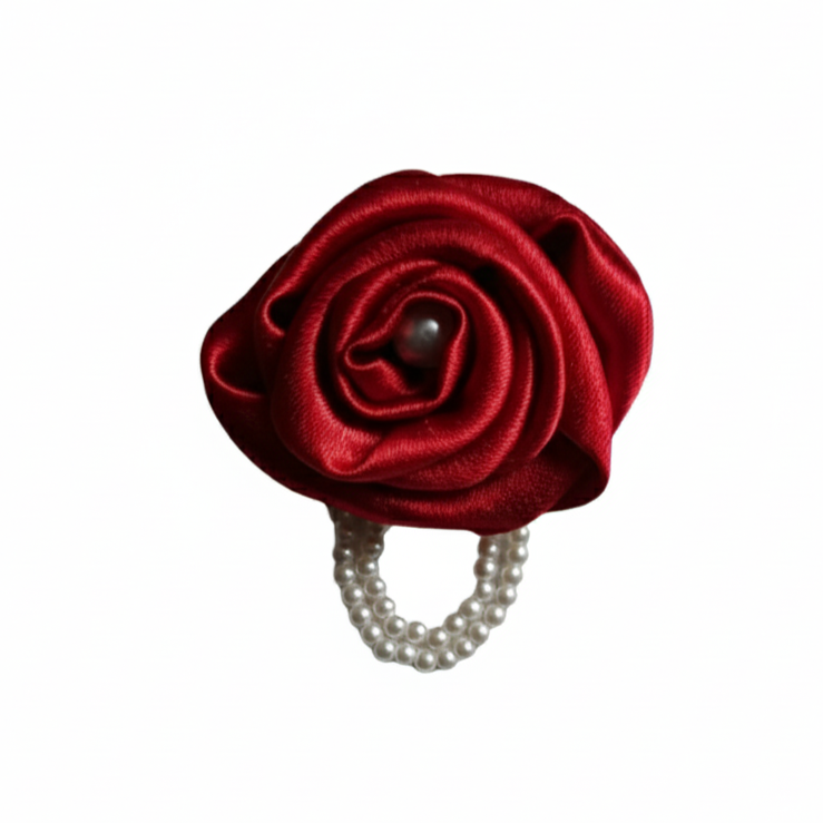Handmade Satin Rose Brooch with Pearl - Red