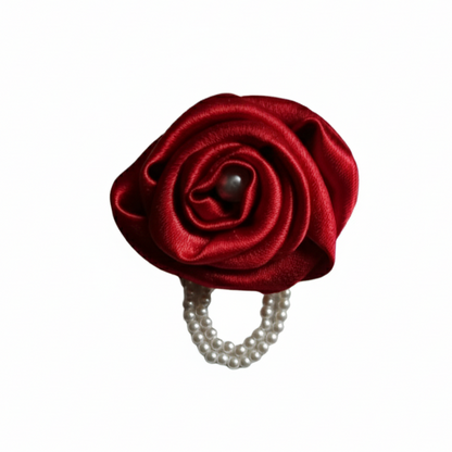 Handmade Satin Rose Brooch with Pearl - Red