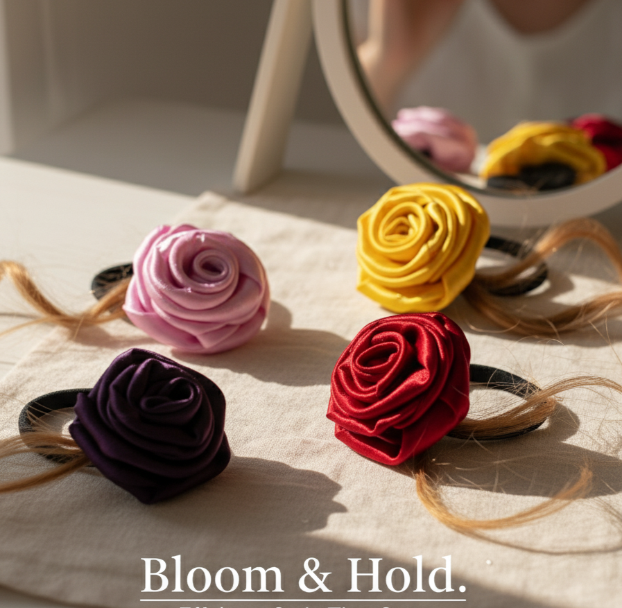 Handmade Satin Flower Hair Rubber Bands - Set of 4