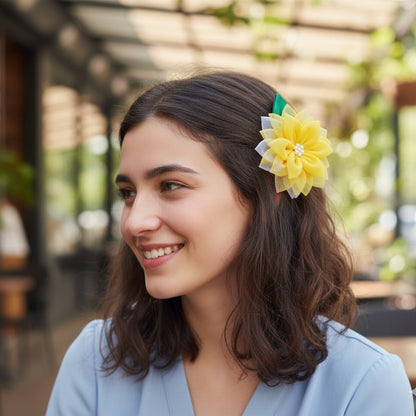 Layered Sunflower Hair Clip for Girls – Lemon Yellow Satin & Net Floral Alligator Clip