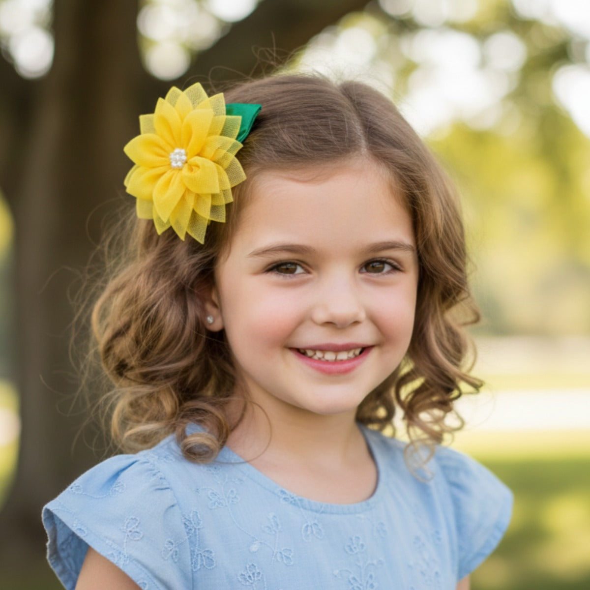 Layered Sunflower Hair Clip for Girls – Lemon Yellow Satin & Net Floral Alligator Clip