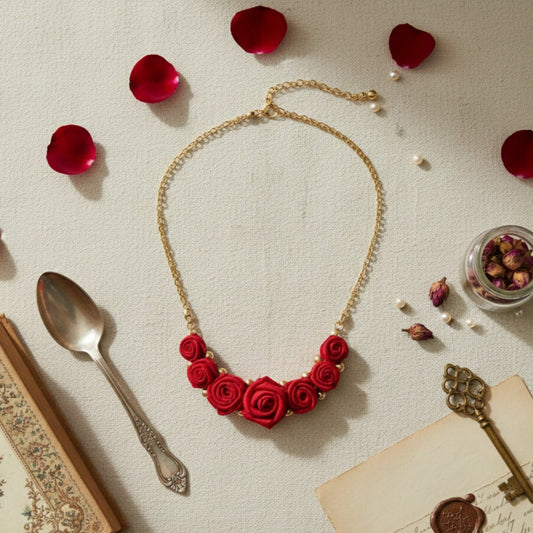 Red Rose Floral Necklace with Golden Pearls