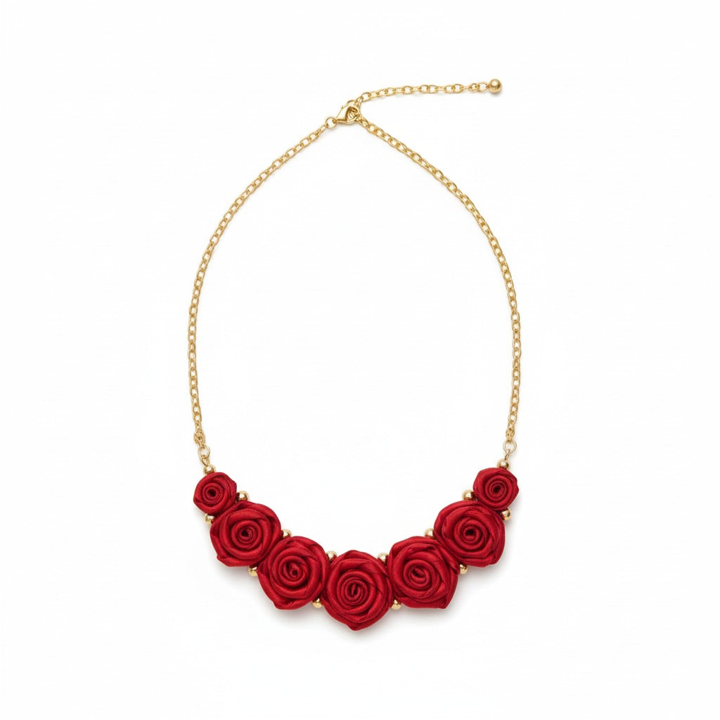 Red Rose Floral Necklace with Golden Pearls