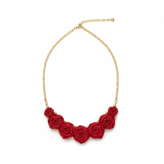 Red Rose Floral Necklace with Golden Pearls