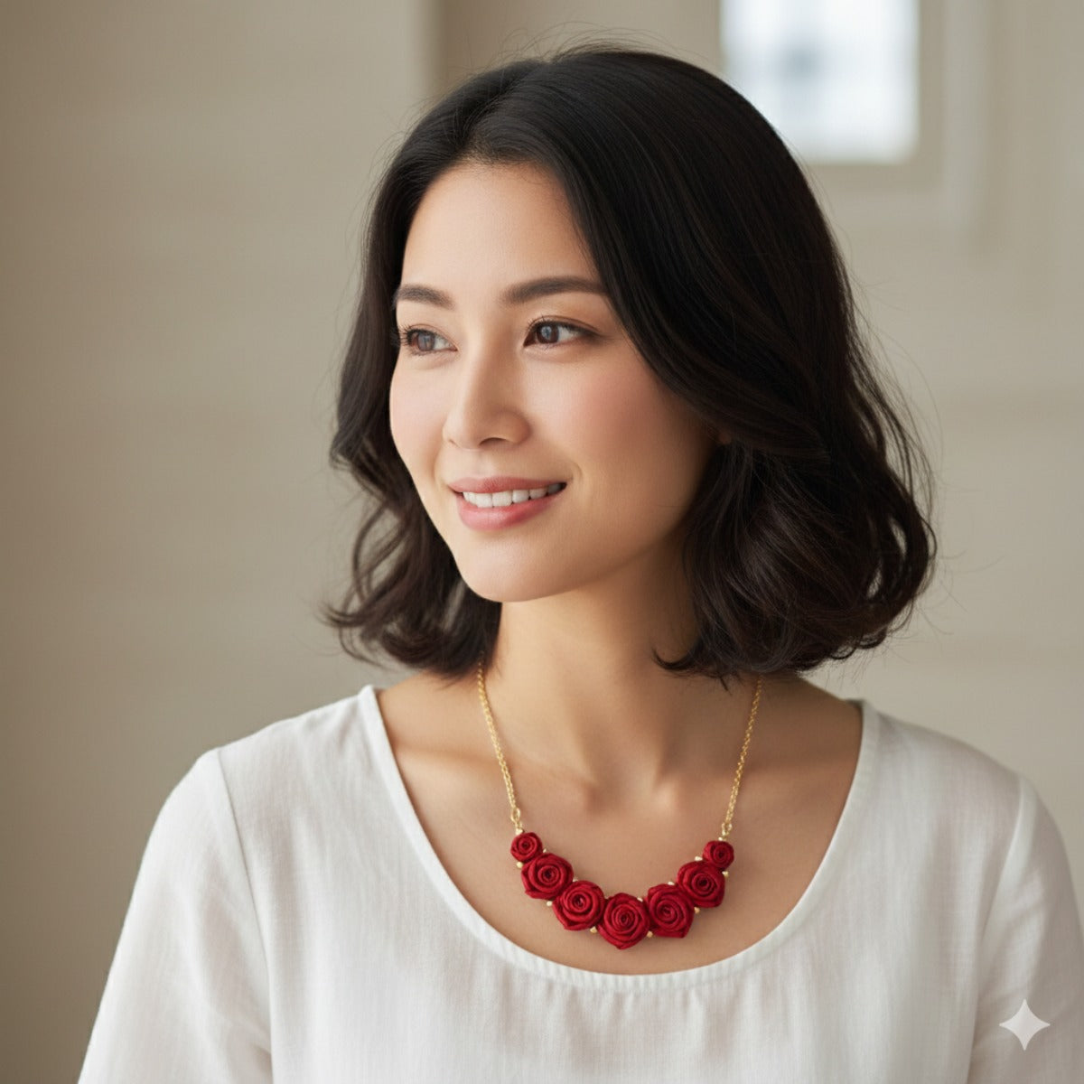 Red Rose Floral Necklace with Golden Pearls