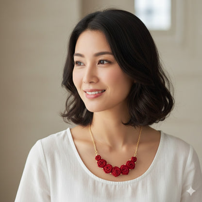 Red Rose Floral Necklace with Golden Pearls