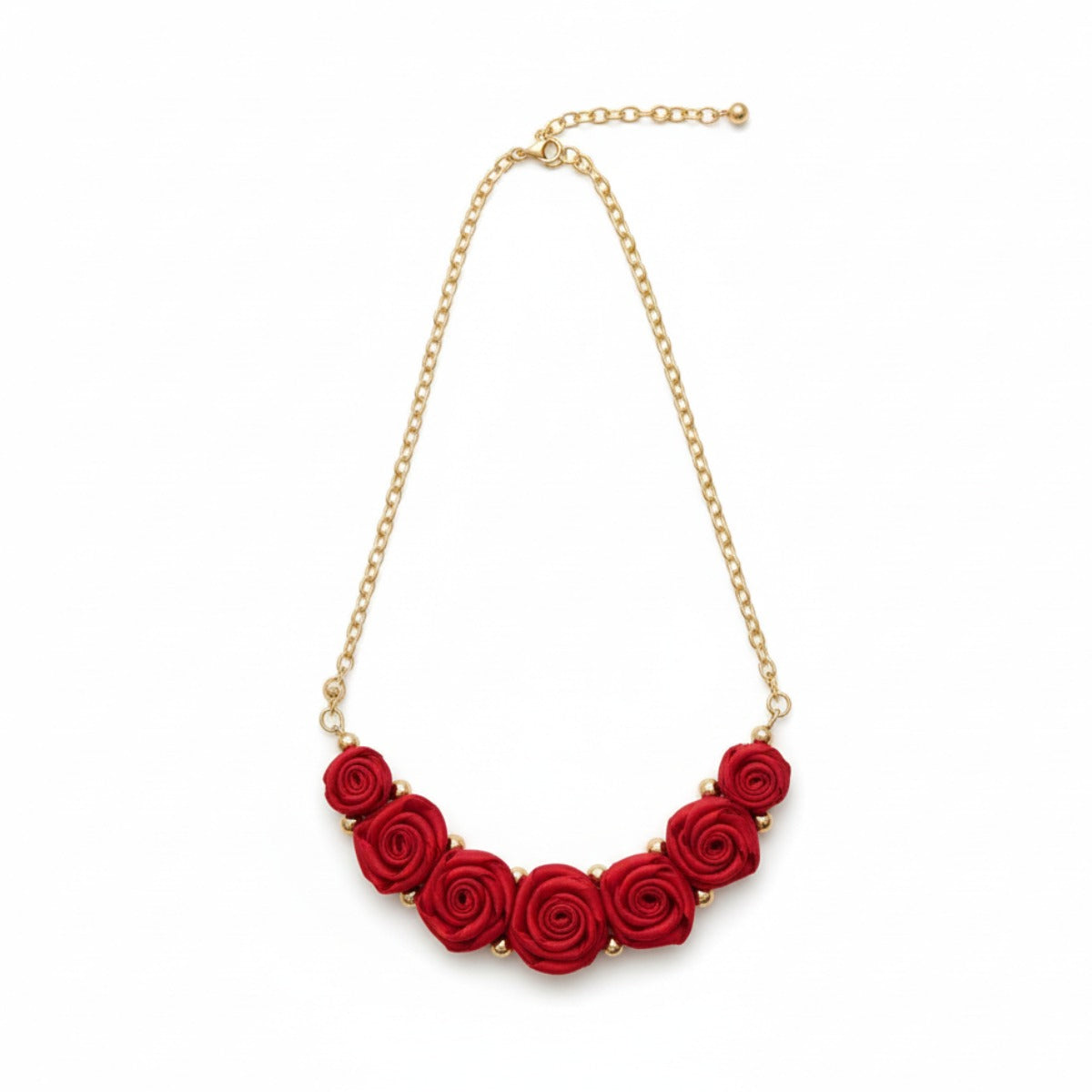Red Rose Floral Necklace with Golden Pearls