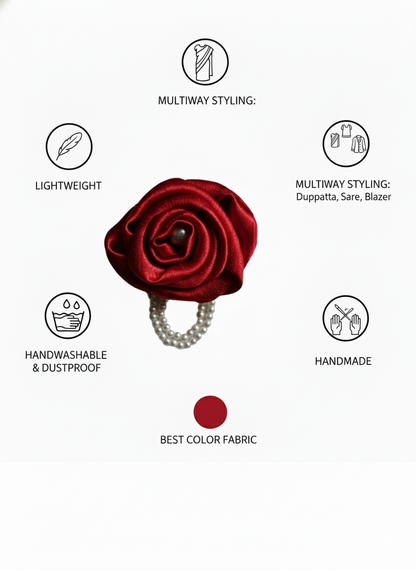 Handmade Satin Rose Brooch with Pearl - Red
