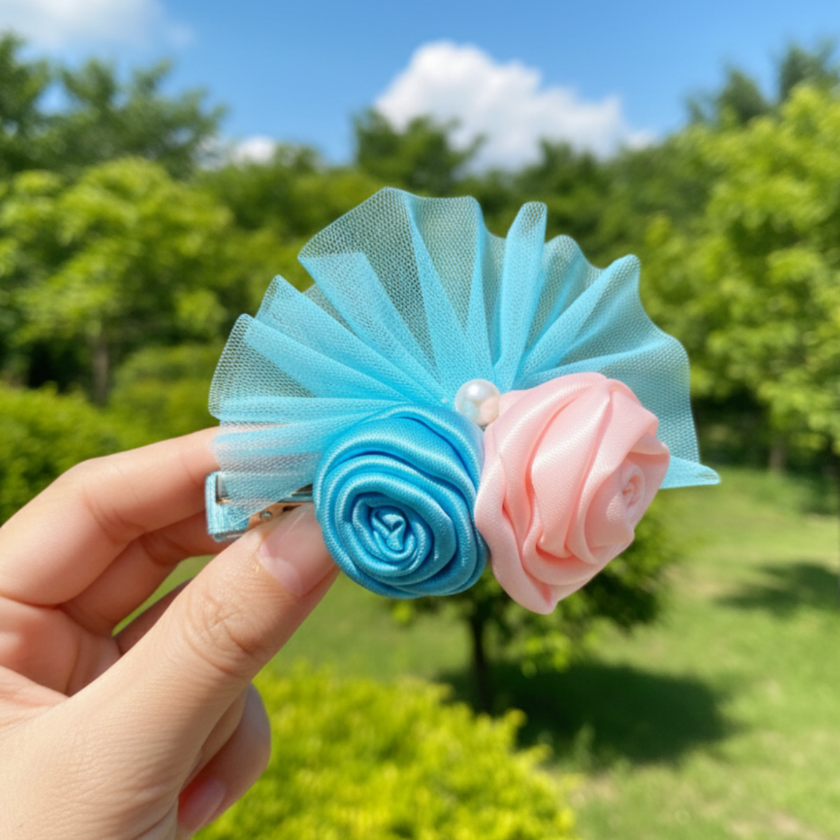 Cute net Floral Clip For Girls - Skyblue