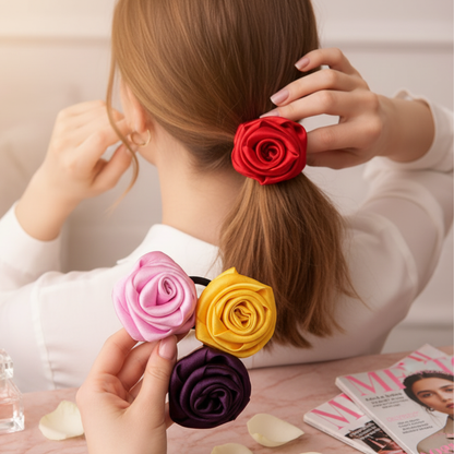 Handmade Satin Flower Hair Rubber Bands - Set of 4
