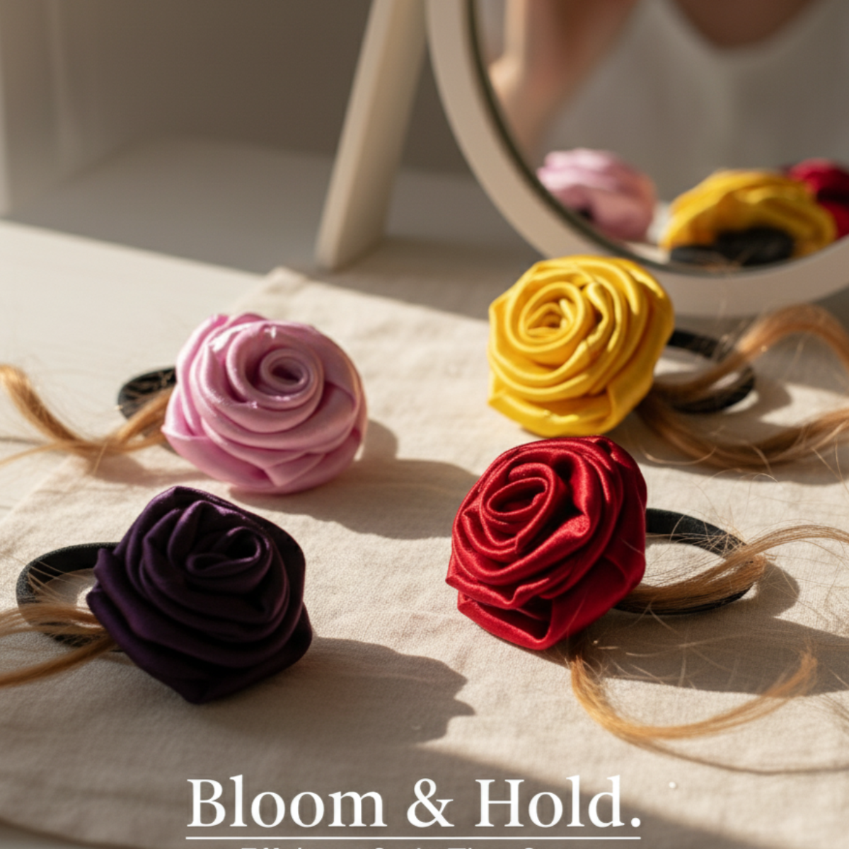 Handmade Satin Flower Hair Rubber Bands - Set of 4