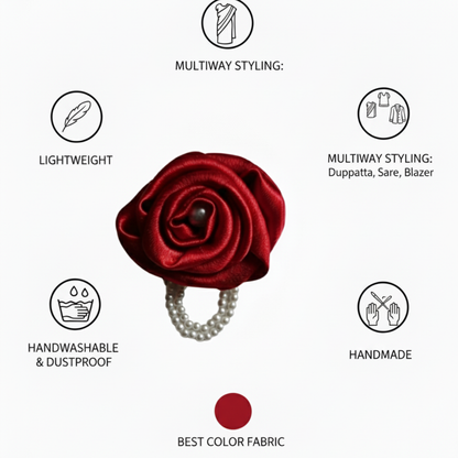 Handmade Satin Rose Brooch with Pearl - Red