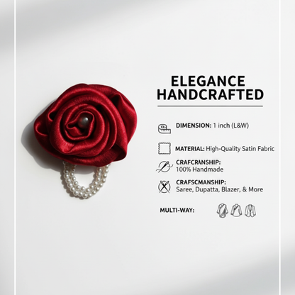 Handmade Satin Rose Brooch with Pearl - Red