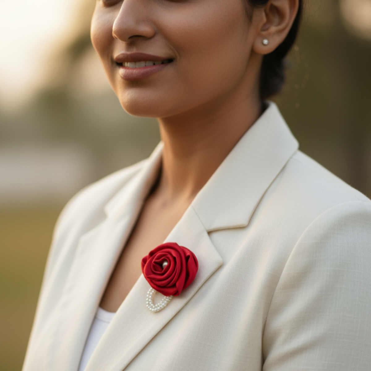 Handmade Satin Rose Brooch with Pearl - Red