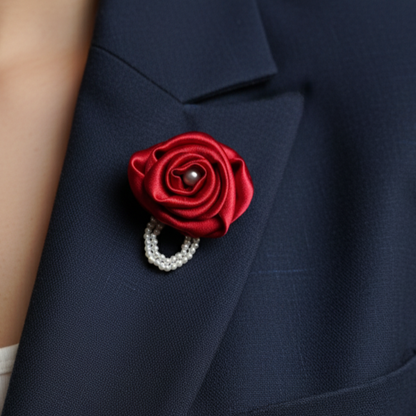 Handmade Satin Rose Brooch with Pearl - Red