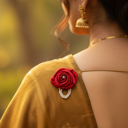 Handmade Satin Rose Brooch with Pearl - Red