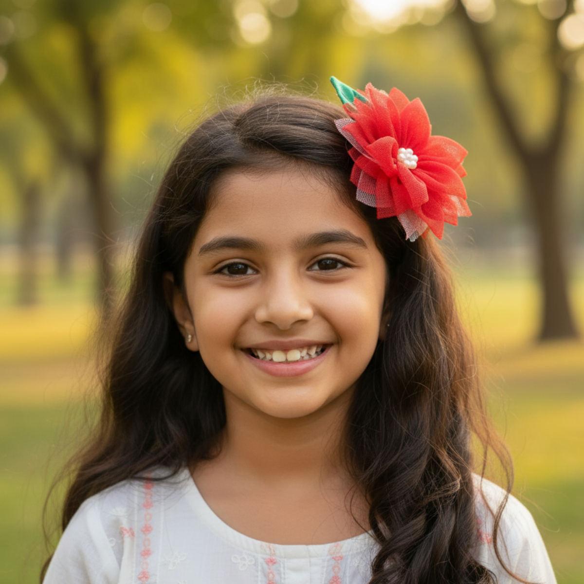 Layered Sunflower Hair Clip – Handmade Floral Kids Accessory Red