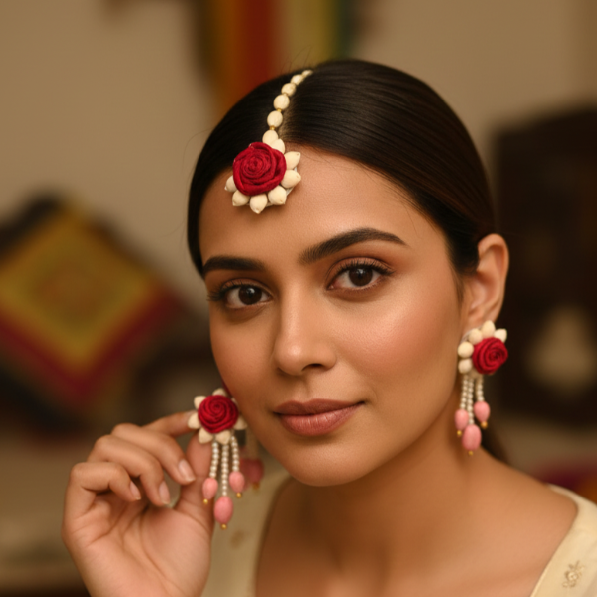 Handmade Satin Haldi Jewellery Set - Red