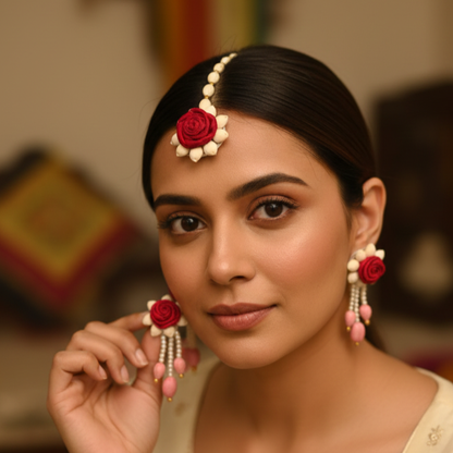 Handmade Satin Haldi Jewellery Set - Red