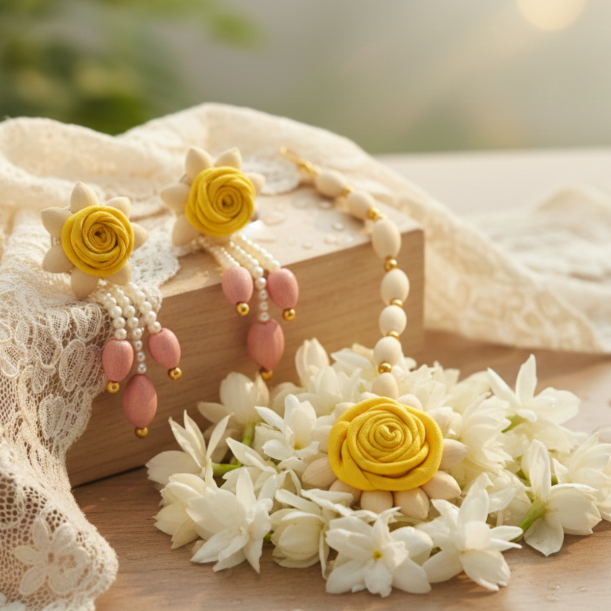 Earring and Maang Tikka Floral set- Yellow