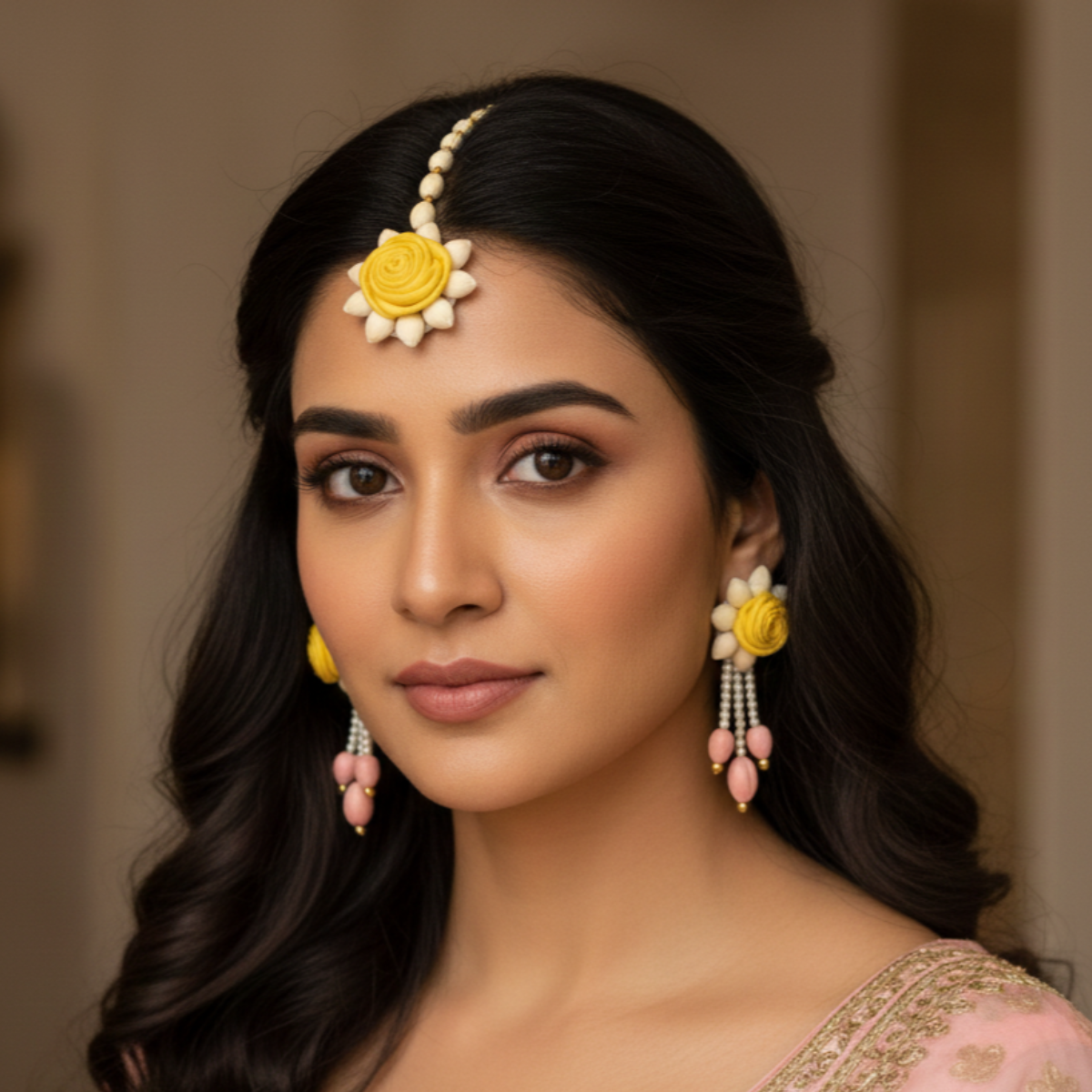 Earring and Maang Tikka Floral set- Yellow