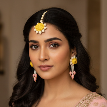 Earring and Maang Tikka Floral set- Yellow