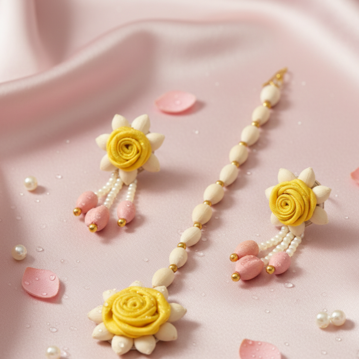 Earring and Maang Tikka Floral set- Yellow