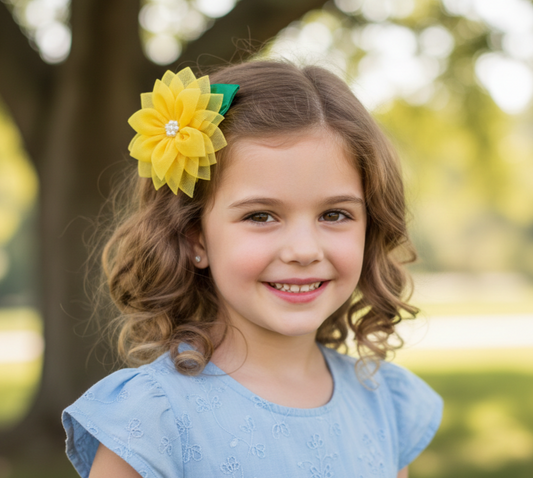 Layered Sunflower Hair Clip for Girls – Lemon Yellow Satin & Net Floral Alligator Clip