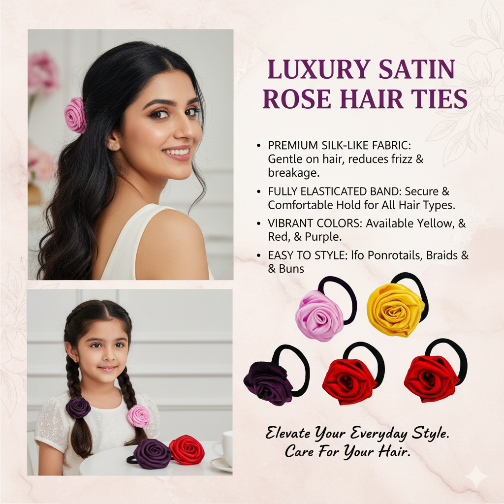 Handmade Satin Flower Hair Rubber Bands - Set of 4