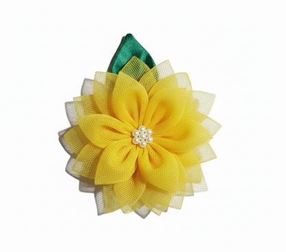 Layered Sunflower Hair Clip for Girls – Lemon Yellow Satin & Net Floral Alligator Clip