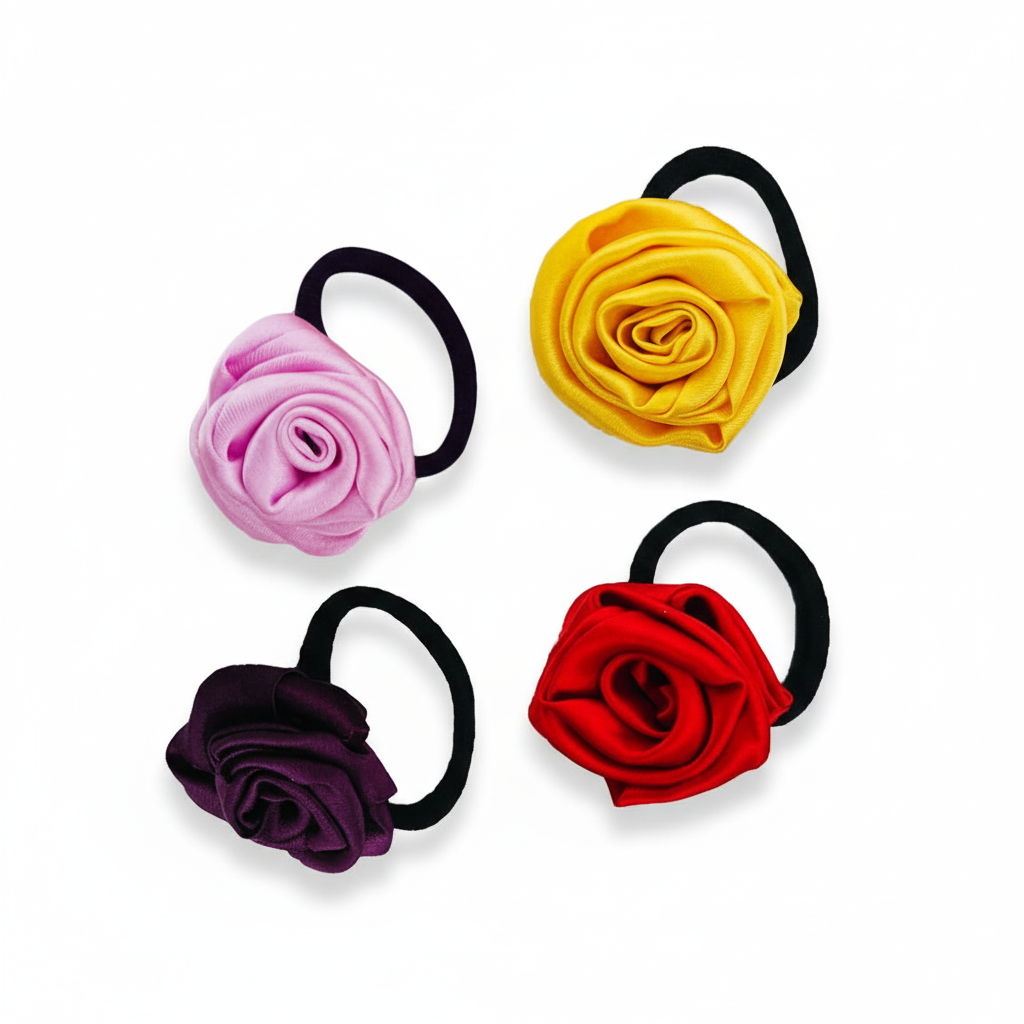 Handmade Satin Flower Hair Rubber Bands - Set of 4