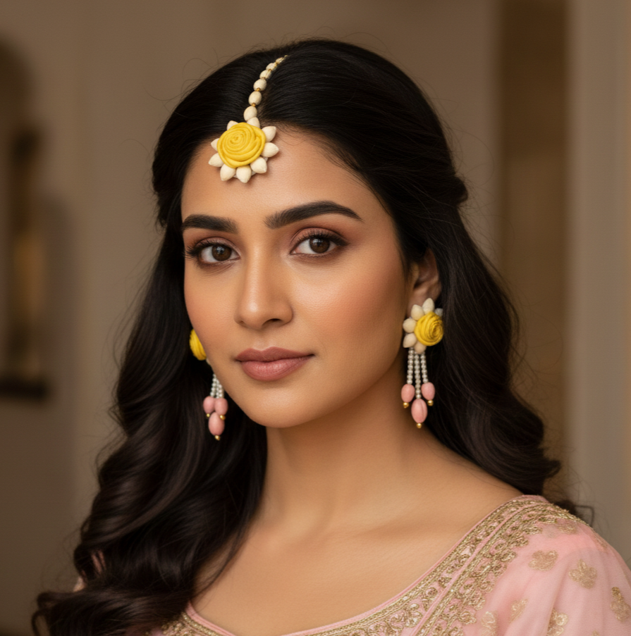 Earring and Maang Tikka Floral set- Yellow