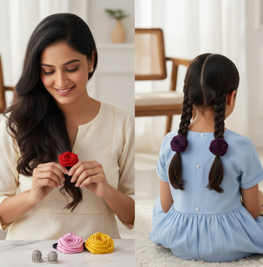 Handmade Satin Flower Hair Rubber Bands - Set of 4