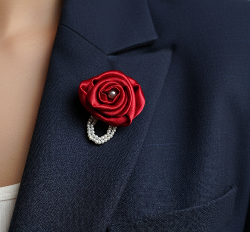Handmade Satin Rose Brooch with Pearl - Red