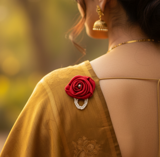 Handmade Satin Rose Brooch with Pearl - Red