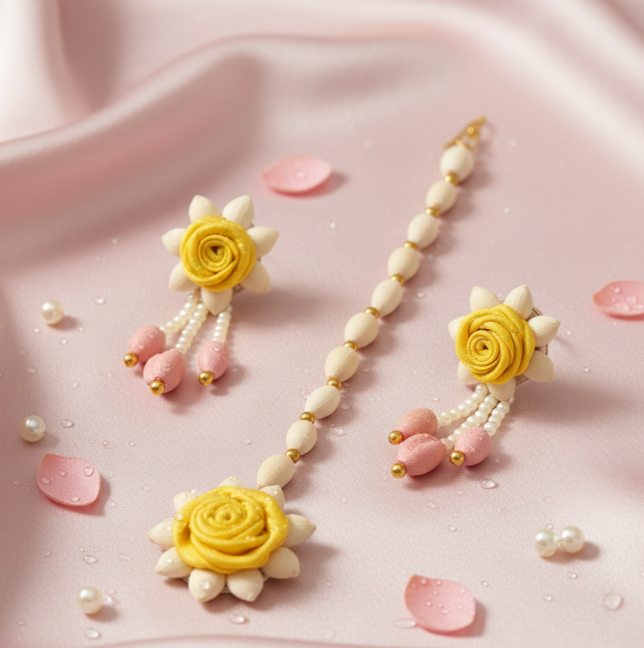 Earring and Maang Tikka Floral set- Yellow