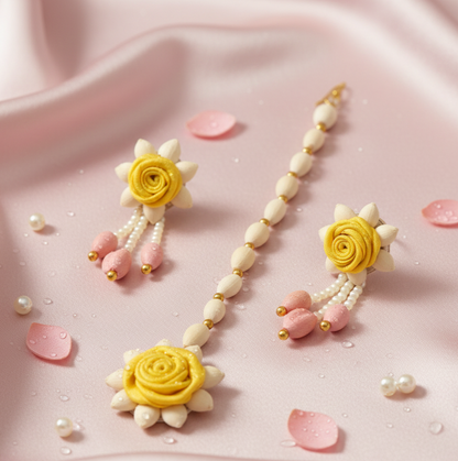 Earring and Maang Tikka Floral set- Yellow