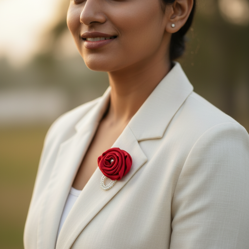Handmade Satin Rose Brooch with Pearl - Red