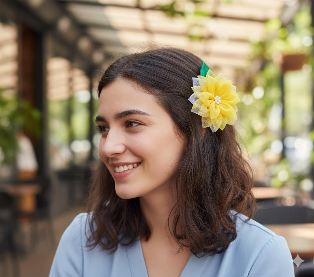Layered Sunflower Hair Clip for Girls – Lemon Yellow Satin & Net Floral Alligator Clip