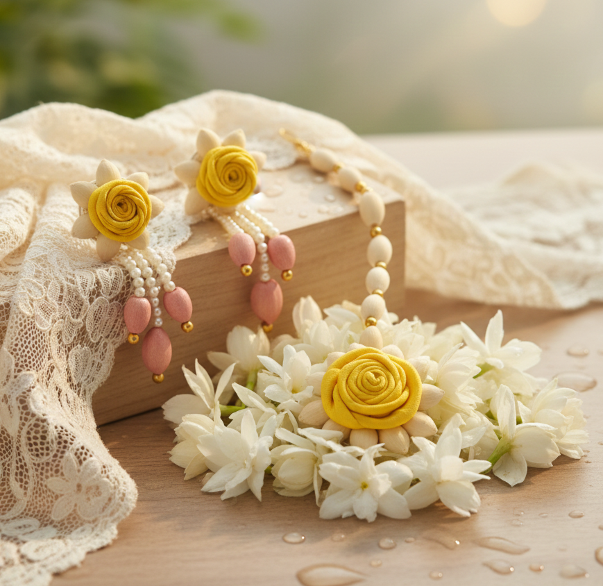 Earring and Maang Tikka Floral set- Yellow