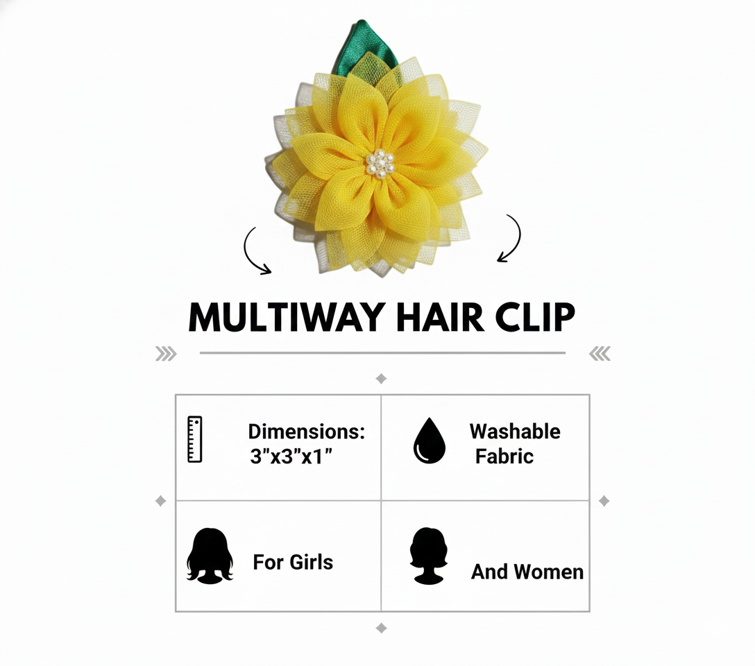 Layered Sunflower Hair Clip for Girls – Lemon Yellow Satin & Net Floral Alligator Clip